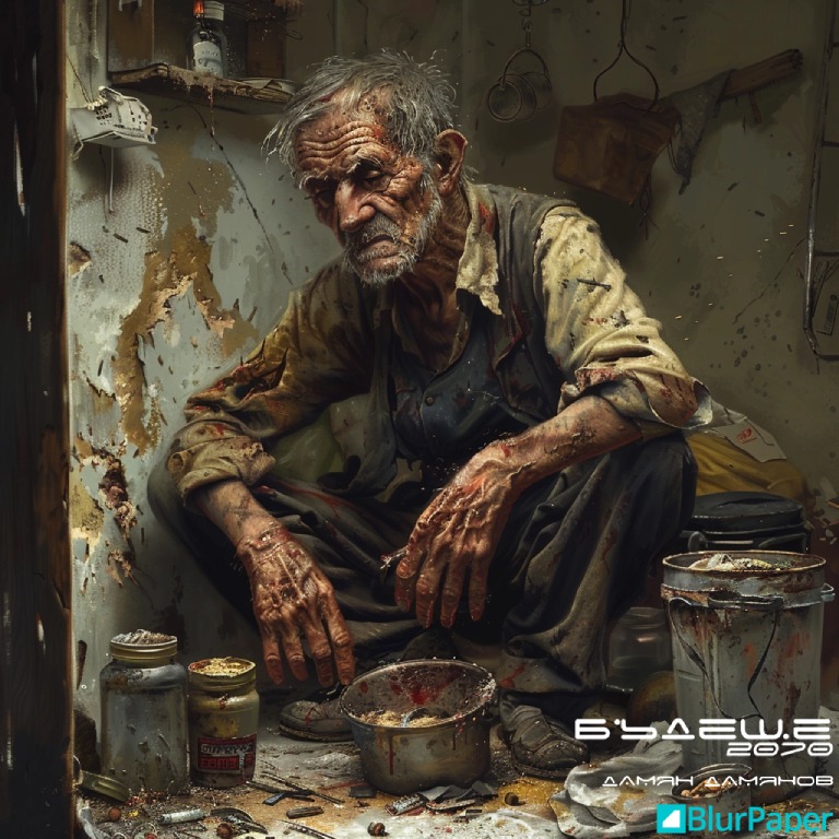 Бъдеще 2070 - Гладуващ човек в мръсно и изоставено помещение