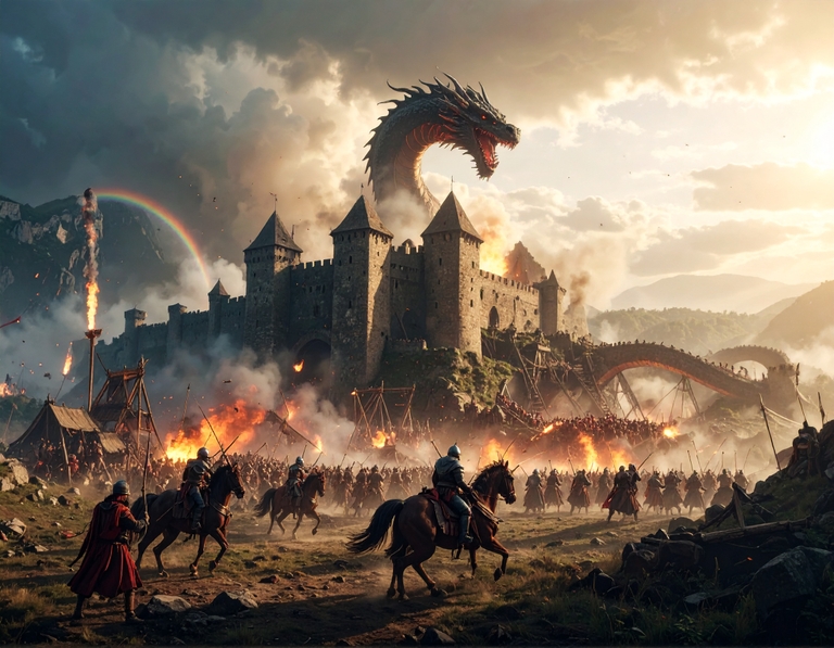 Залезът на двамата крале - Firefly_A high-angle, drone-style view of a massive medieval fantasy battle. A grand stone ca 163777