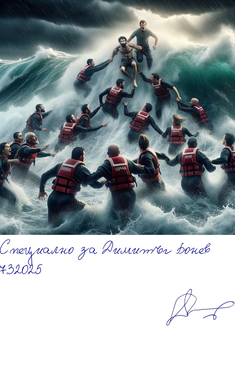Камина - Разкази - Смели спасители в бурно море - Подписана илюстрация за Димитър Бонев