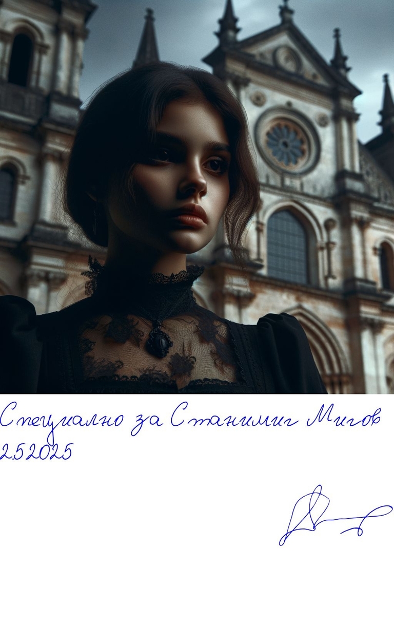 Къщата с белия сайвант - Момиче пред манастир. - Подписана илюстрация за Станимир Миров