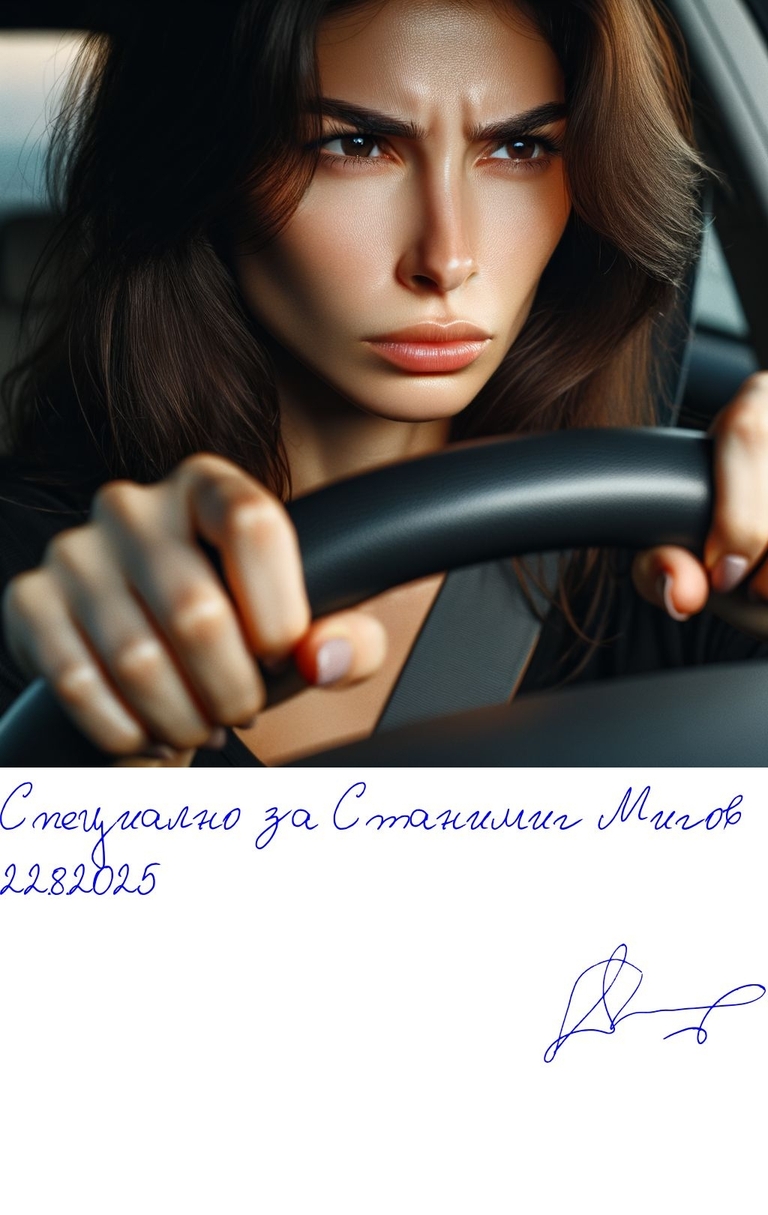 Свят на сблъсъци - Свят на сблъсъци - Брюнетка шофира уморена. - HQ - Подписана илюстрация за Станимир Миров