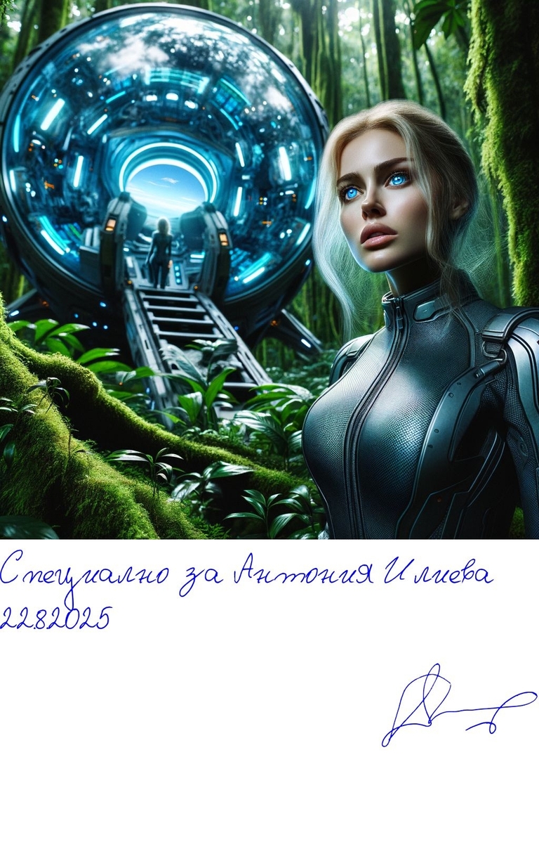 Свят на сблъсъци - Свят на сблъсъци - Космически кораб каца в гора. - HQ - Подписана илюстрация за Антония Илиева